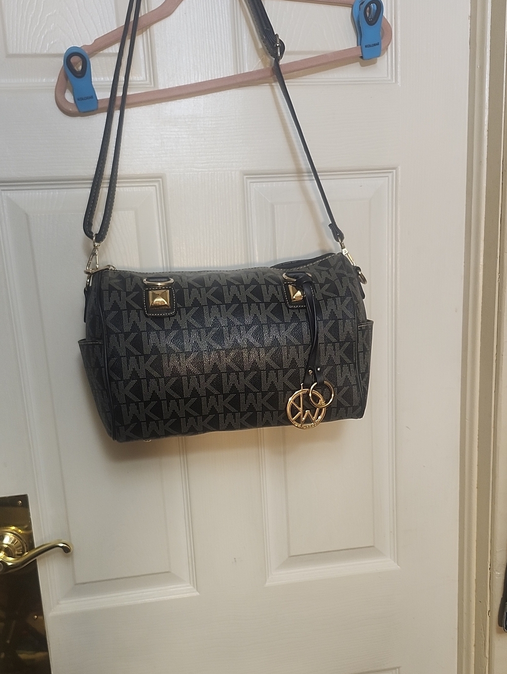 Wendy Keen Black WK Logo Crossbody with Gold-Tone Charm